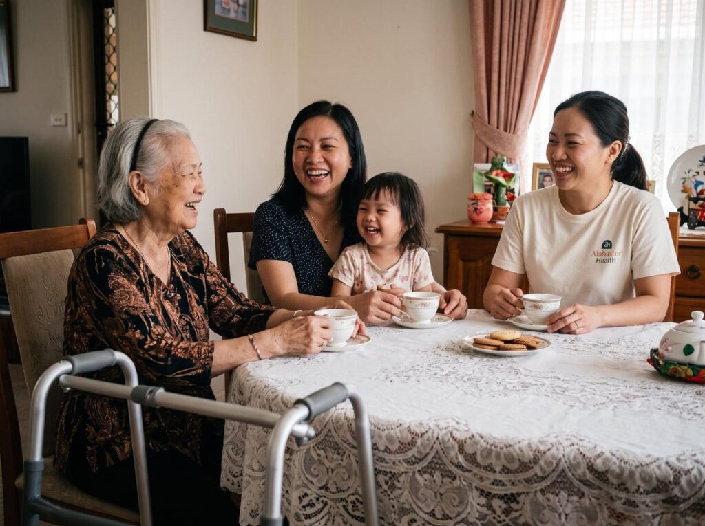 Three generations of a Vietnamese Australian family sharing afternoon tea with their support worker.