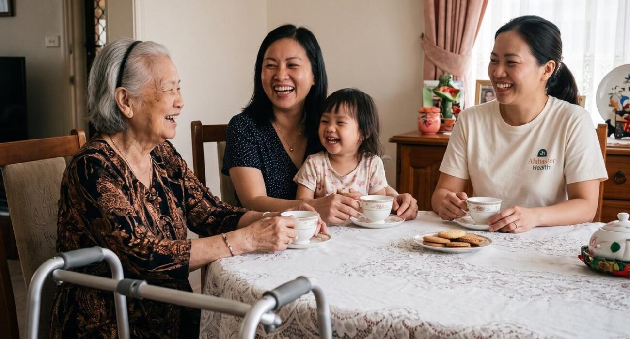 Three generations of a Vietnamese Australian family sharing afternoon tea with their support worker.