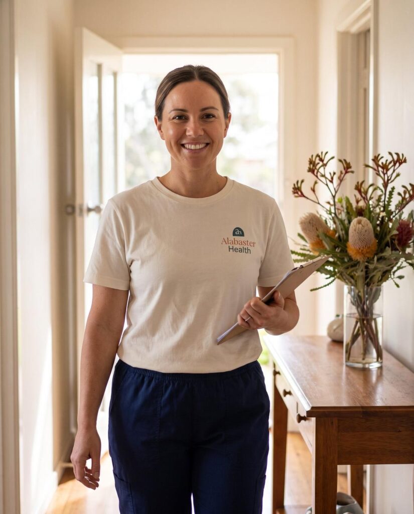 An Alabaster Health nurse in a branded ivory shirt smiling in the hallway of a client home.
