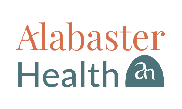 Alabaster Health logo, amber Alabaster over teal Health with the arch monogram