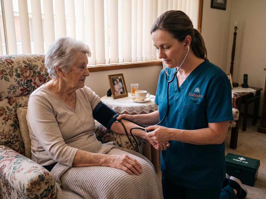 An Alabaster Health community nurse checking the blood pressure of an older woman in her own lounge room.