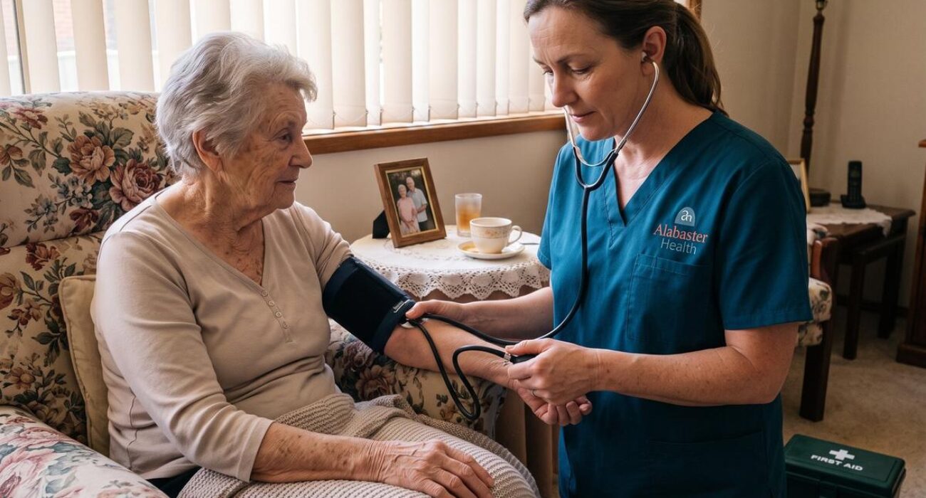 An Alabaster Health community nurse checking the blood pressure of an older woman in her own lounge room.