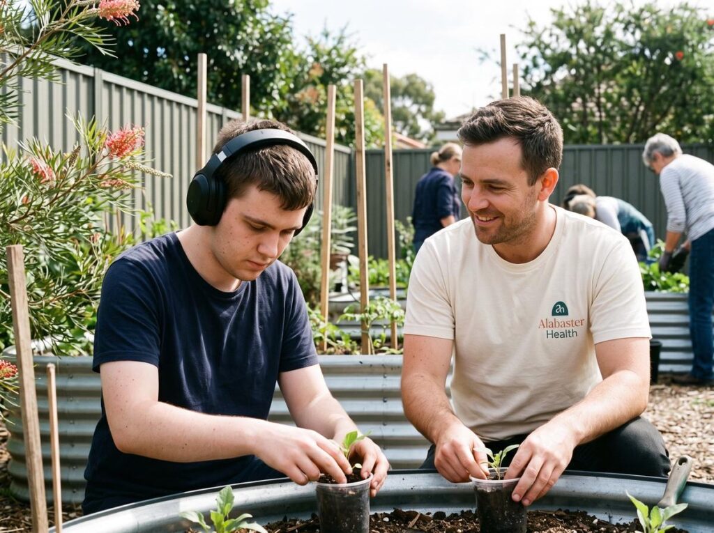 A support worker potting seedlings alongside an autistic young man wearing headphones at an Australian community garden.