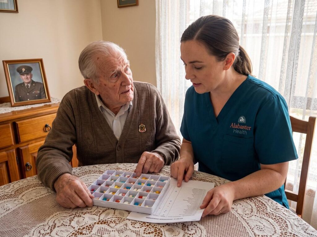A community nurse going through a weekly medication organiser with an elderly veteran at his dining table.
