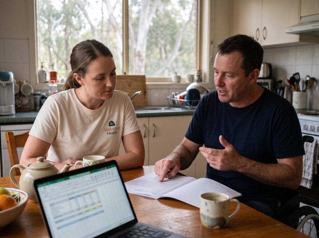 A support coordinator going through an NDIS plan at a kitchen table with a participant who uses a wheelchair.