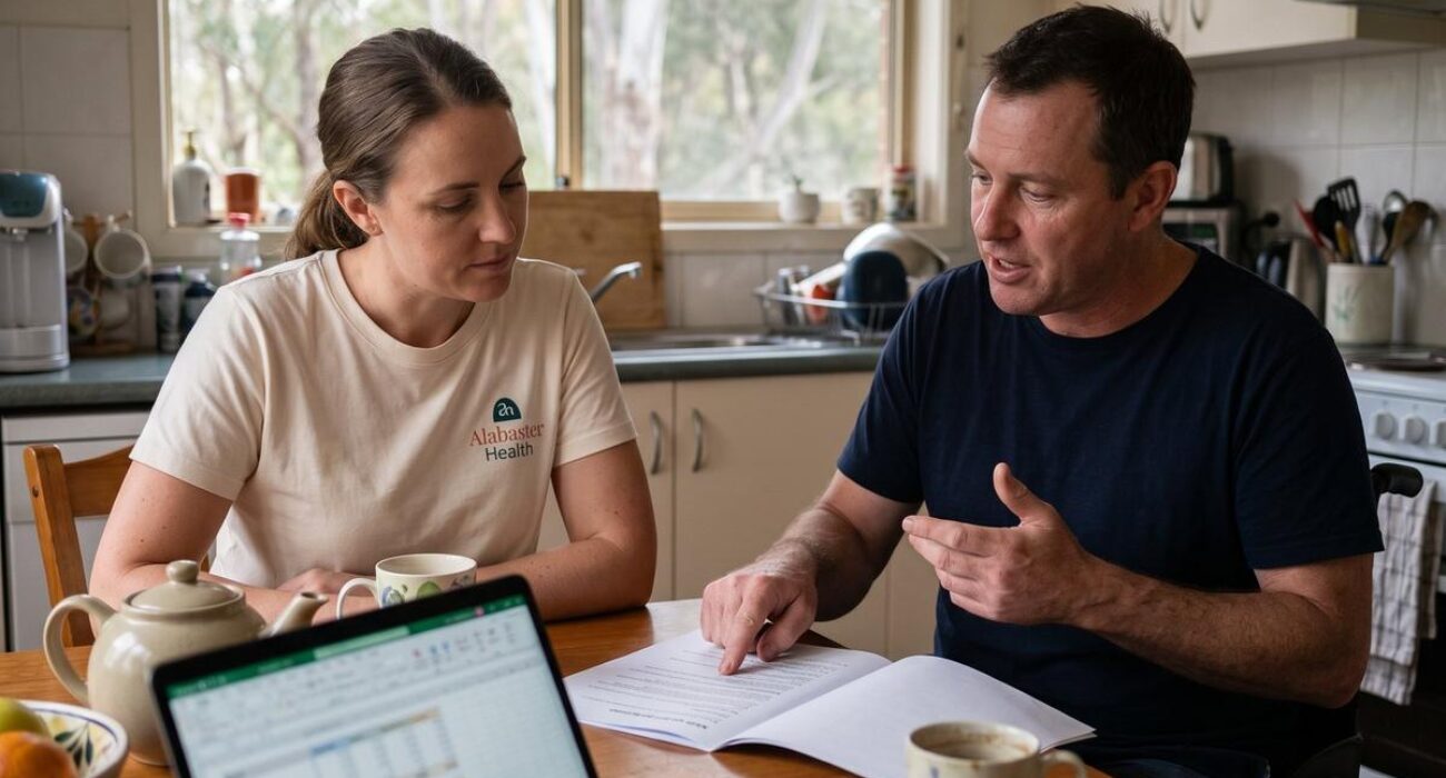 A support coordinator going through an NDIS plan at a kitchen table with a participant who uses a wheelchair.