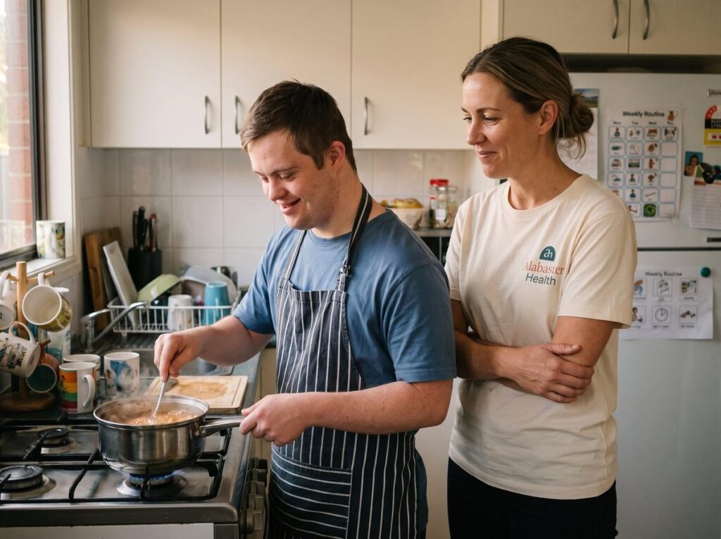A young man with Down syndrome cooking his own dinner in his kitchen while his support worker stands back and lets him lead.