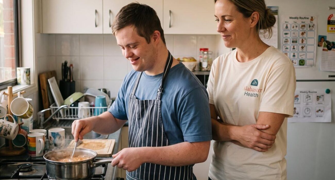 A young man with Down syndrome cooking his own dinner in his kitchen while his support worker stands back and lets him lead.