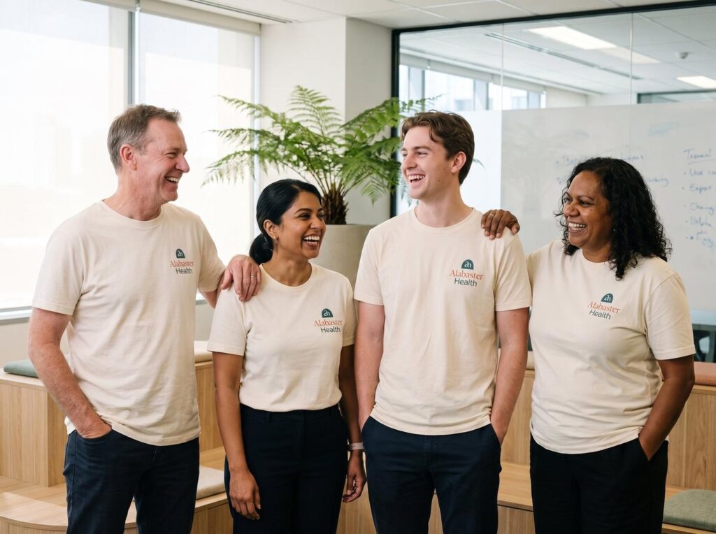 Four Alabaster Health staff members in branded ivory shirts laughing together in a bright office.
